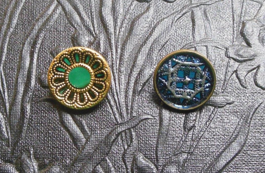Antique Vintage Twinkle Reflector Metal Buttons-1 Blue & 1 Green Mirror Backs