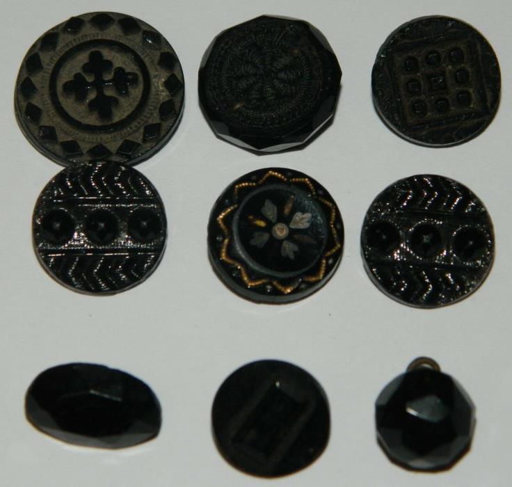9 Antique Victorian? Black Glass Picture Button Carved 3/8