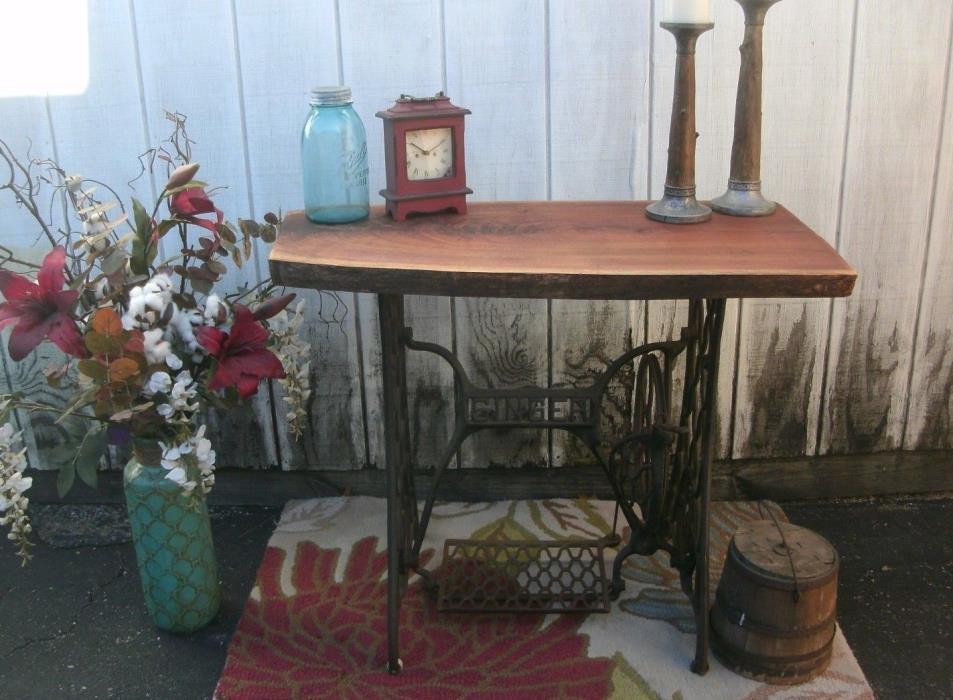 Vintage Singer Sewing Machine Reclaimed Wood Desk Table w/ Walnut Slab Top