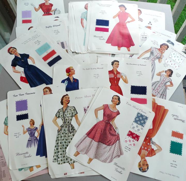 Big 1954 vintage Ward Stilson Maisonette Frock real fabric swatches dressmaking