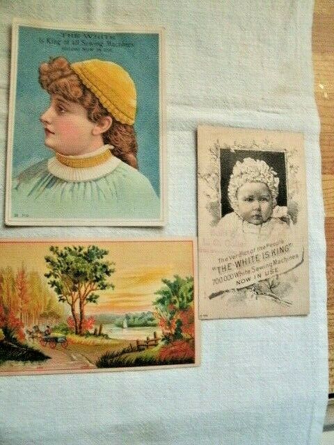 Antique TREADLE SEWING MACHINES Featured on 3 Old TRADE CARDS.