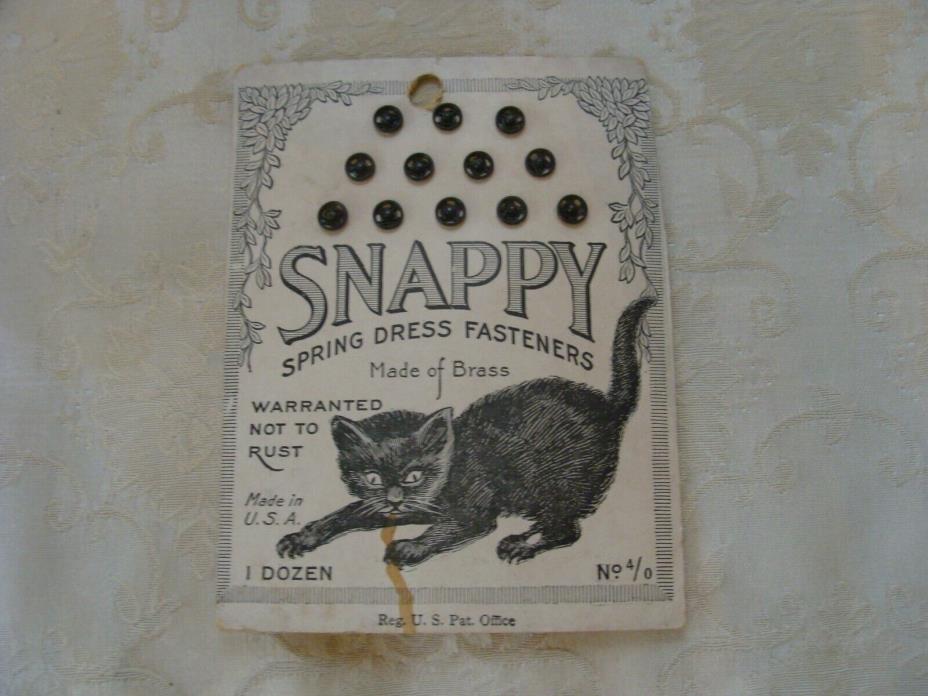 Antique Snappy Brass Dress Fasteners ~ Kitty Cat ~1 Card with 12 Snaps