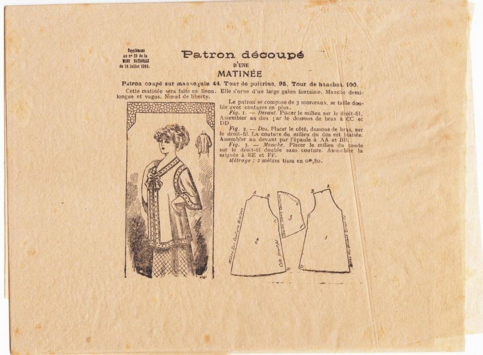 French Sewing Pattern Supplement 1910s Mode Nationale 1909 Morning/ Bed Jacket