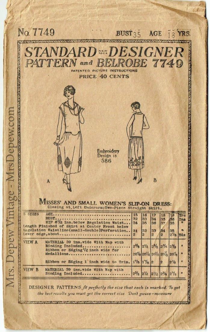 Vintage Sewing Pattern 1920s Ladies' Slip-On Dress Bust 35