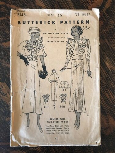 Antique Butterick Sewing Pattern 1923 Art Deco Dress w/ Prominent Bow Cape 5145