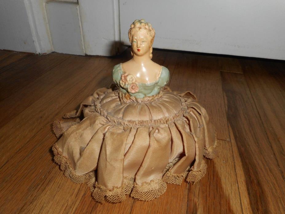 Antique Victorian Pin Cushion Lady Dress Fancy Blue and Brown