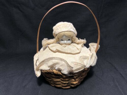 Antique Pin Cushion Doll Porcelain Head In Basket