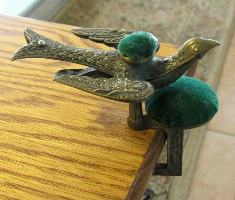 Antique Victorian Brass Sewing Bird Patened Feb 15 1853  2 Pin Cushions C Clamp