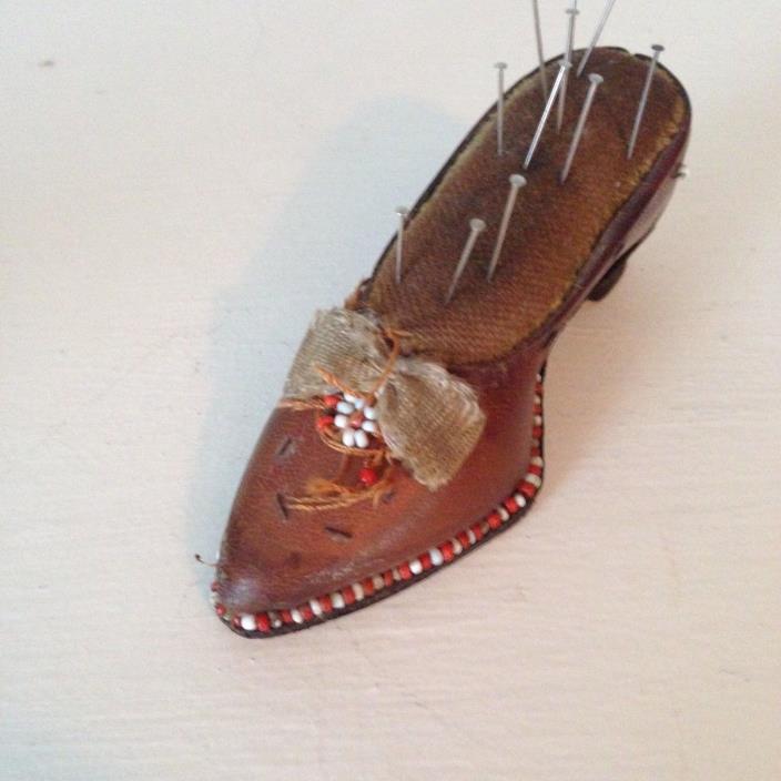 HAND MADE LEATHER SHOE BEADED VICTORIAN PIN CUSHION  RARE GREAT DESIGN