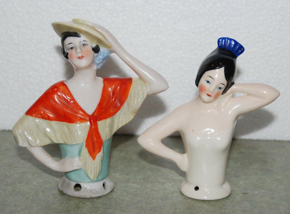 ANTIQUE Lot of 2 German Porcelain HALF DOLLS Pin Cushion Figurines