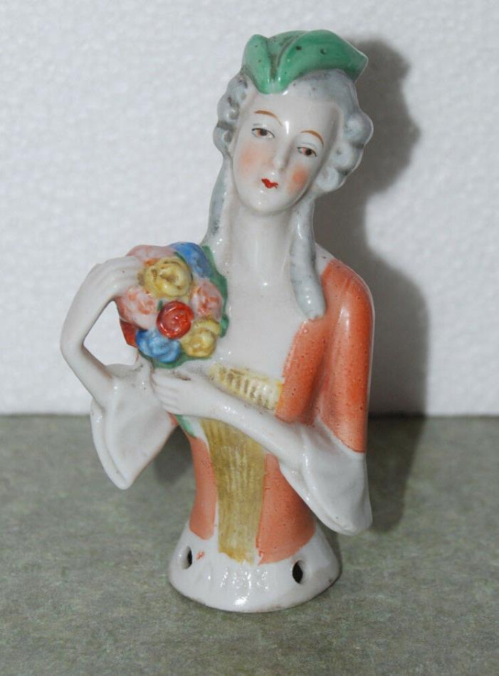 Antique German Porcelain HALF DOLL Pin Cushion Figurine