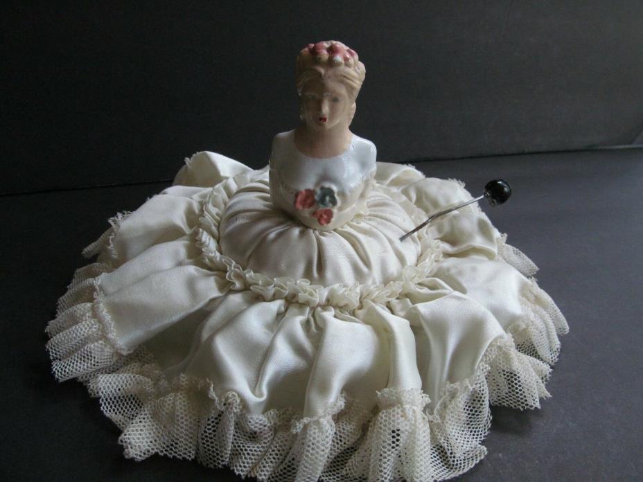 Vintage Chalkware Victorian Half Lady With Pin Cushion Base One Pin Included