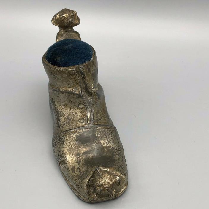 Victorian Cast Metal Silvered Pin Cushion Shoe with Dog and Cat