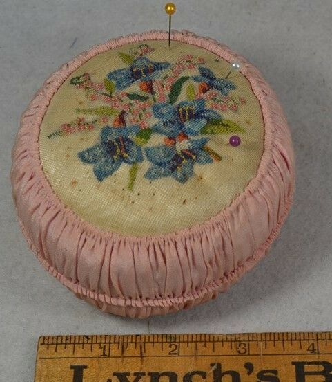 antique sewing pin cushion hand made petit point pink vintage original 1920
