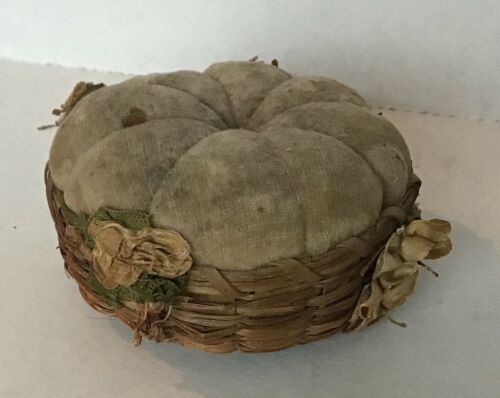 ANTIQUE GRASS BASKET PIN CUSHION CA. 1900