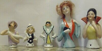 LOT 8 $20 EA 5 OLD FLAPPER Half Doll Vanity German Porcelain Pincushion 1 w HAIR
