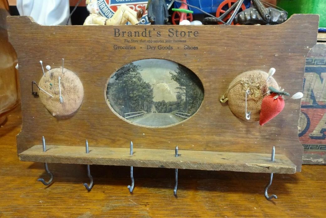 Antique Primitive Sewing Pin Cushion Thread Advertisement General Store Sign