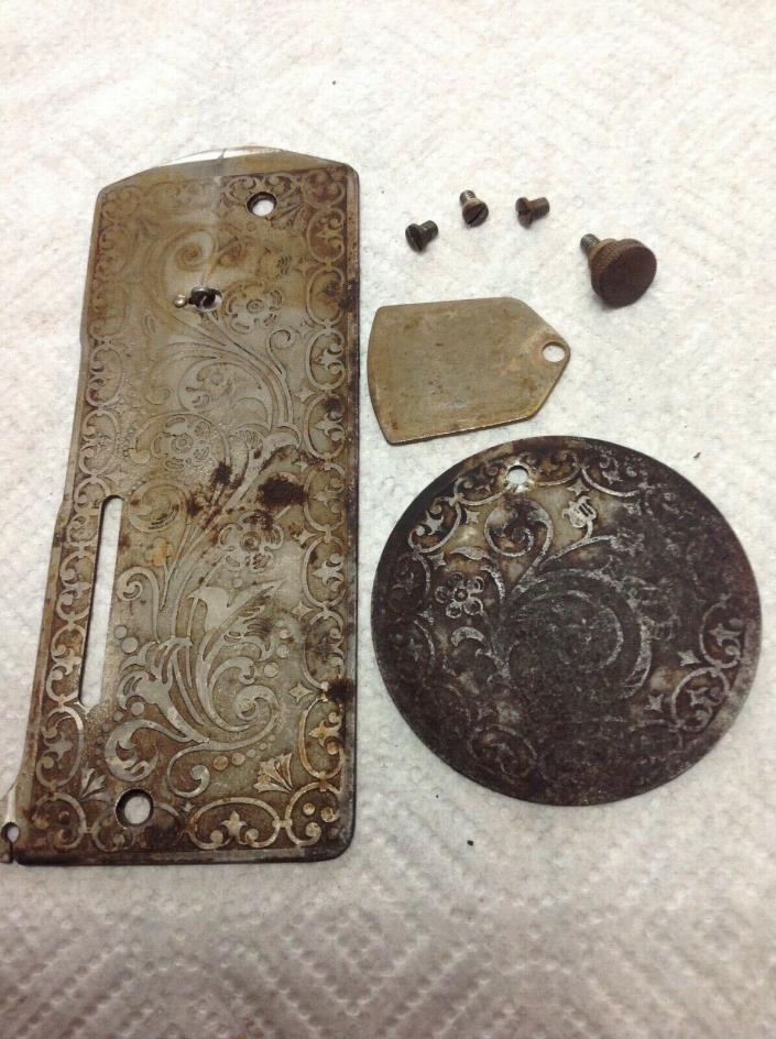 Antique Part Singer SEWING MACHINE Ornate Data Cover Plates 1905 Model 27