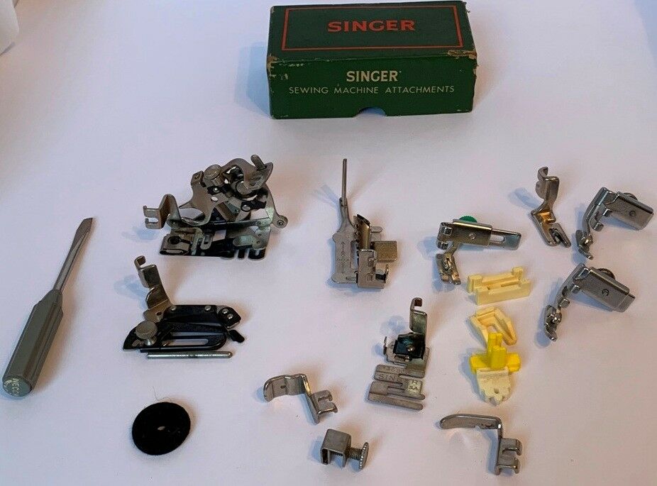 Vintage Singer Sewing Machine Attachments in Box Presser Feet Seam Tape More