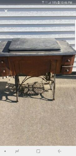 Antique Wood Drawers And Table Top On Cast Iron Sewing Machine Stand Base