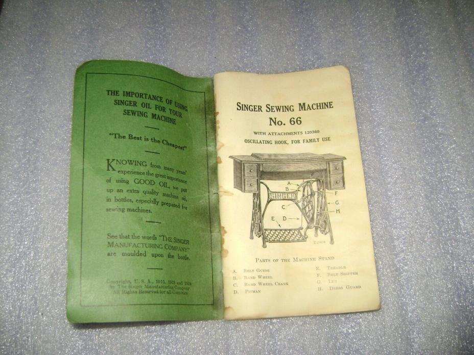Antique Singer TREADLE Sewing Machine Model 66 Instruction Manual 1924