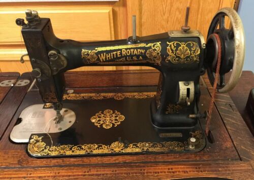 Antique White  Rotary Treadle Sewing Machine With Original Oak Cabinet