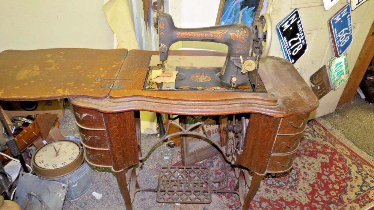 Antique Free #5 Treadle Sewing Machine & Base Stand Drawers