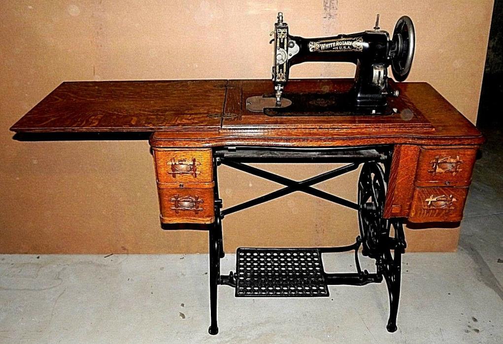 Antique WHITE Treadle Sewing Machine in Oak Cabinet