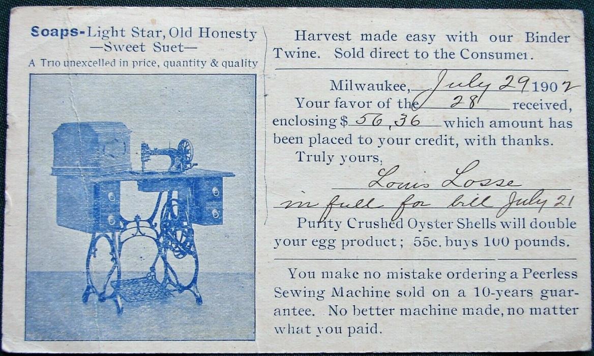 Peerless Sewing Machine orig 1902 receipt postcard with advertisement