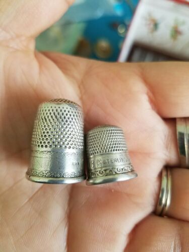 Two Antique Sterling Silver Sewing Thimbles Size 8 small Engraved & 1bigger size