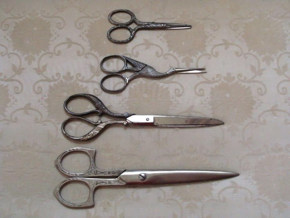 LOT OF 4 PAIRS ANTIQUE SCISSORS, EMBROIDERY STORK BIRD ORNATE 3 ARE GERMANY