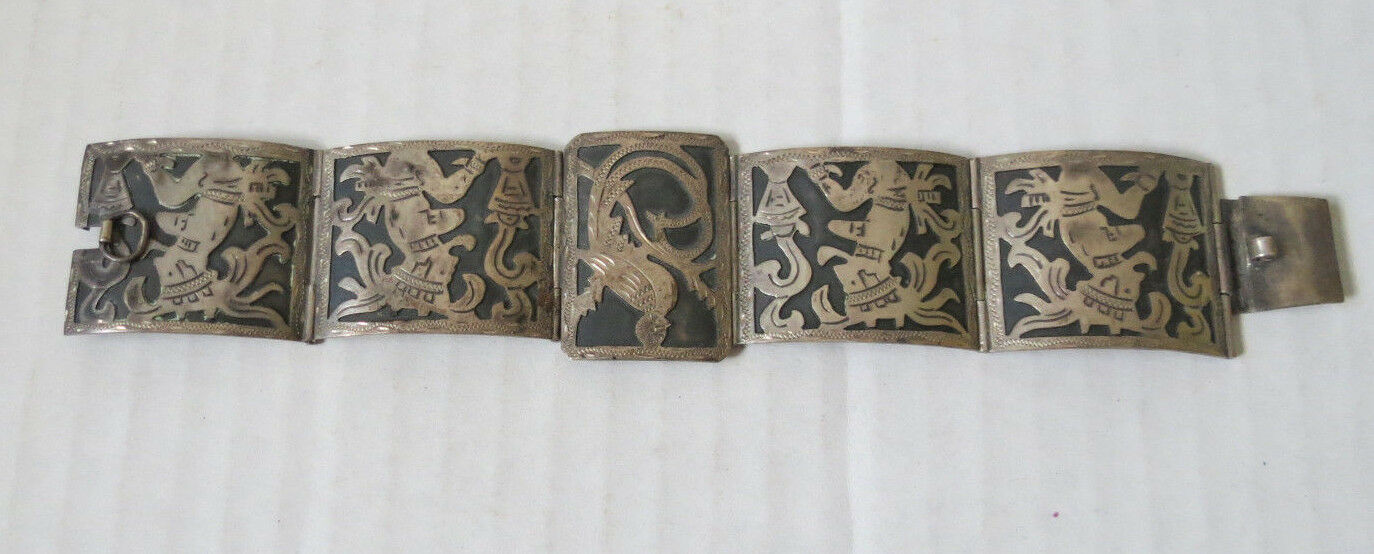 Antique Handmade Silver 900 Guatemala Geometric Link Bangle Bracelet