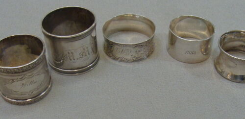 Set of 5 Different Antique 1800's Coin Silver Napkin Rings Beautiful Sterling