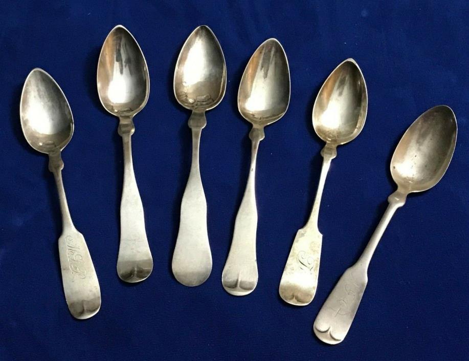 Lot of 6 Antique Silver Spoons 6 Different Makers 5 Coin Silver, 1 Sterling