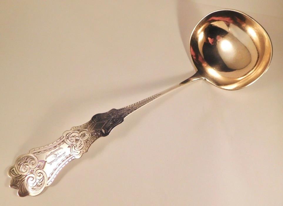 19thC American Bright Cut Coin Silver Punch/Soup Ladle, F.A. Durgin, St Louis MO