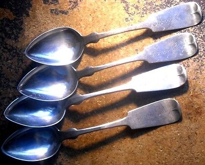 4 MATCHING COIN SILVER TEASPOONS, MONO 