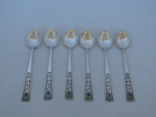 Set of 6 Vintage Korea Sterling Silver & Enamel Demitasse Spoons