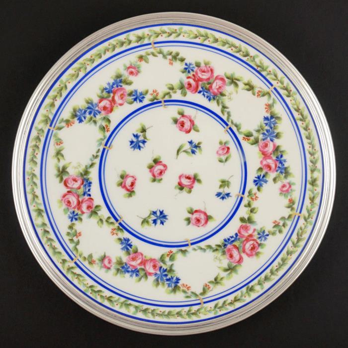 French Sterling Silver Tetard Freres Limoges Porcelain Hand Painted Plate, 1