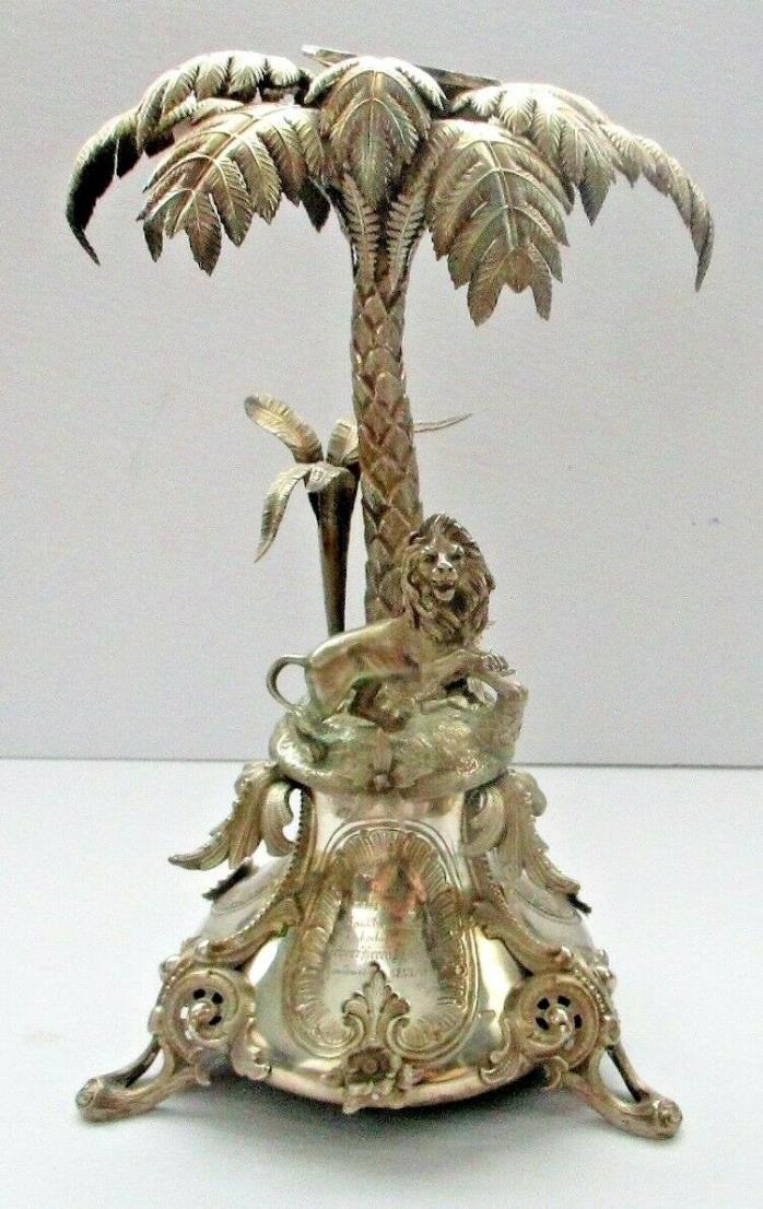Antique Continental Silver Figural Centerpiece Lion Palm Tree 19th C. German 800