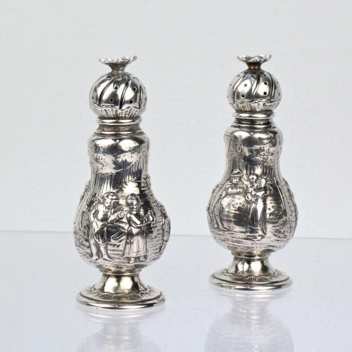 Pair (2) German 800 Solid Silver Baroque Form Repousse Salt & Pepper Shakers SL