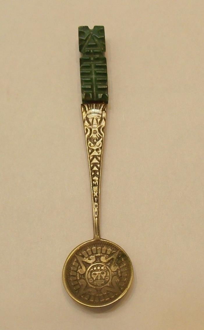 Mexico 850 Silver Spoon ~ Inca Aztec Design ~ Green Stone Handle