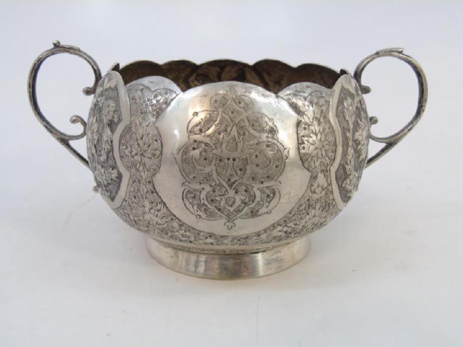 Antique Persian Silver Hand Chased handled bowl, marked
