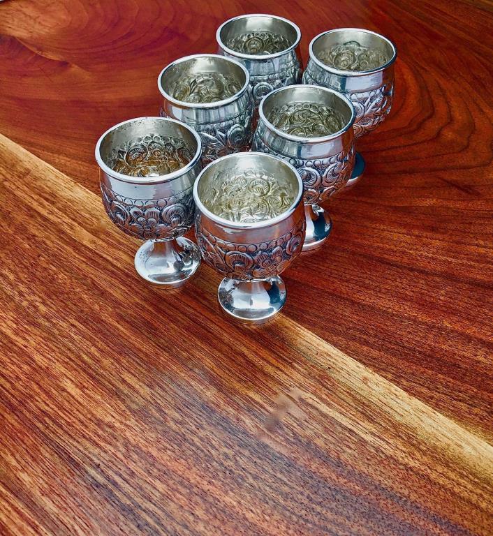 Six Middle Eastern / Indian Sterling Silver Cordial Goblets: Floral Decoration