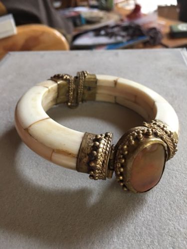 Antique Turkish Persian Carved Hinge Pin Bracelet Bangle Brass Stone Art Deco