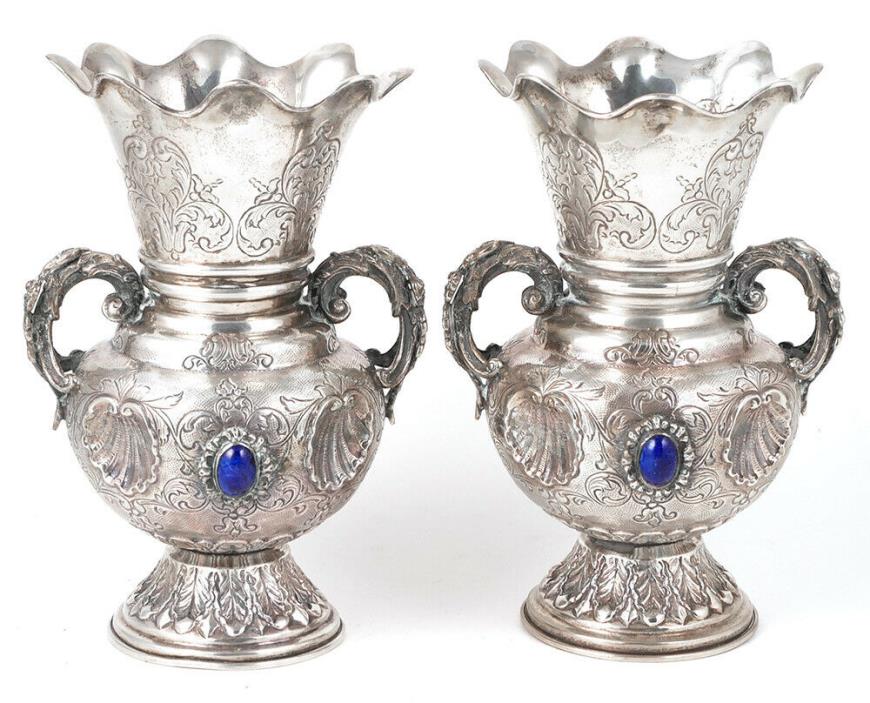 Pair Turkish .900 Coin Silver Lapis Cabochon Repousse Vases