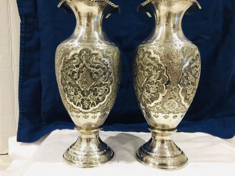 Magnificent Pair of  Solid Silver Islamic Qagar Middle Eastern  Persian vases