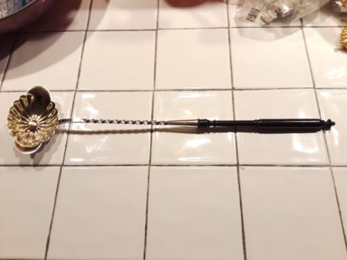 RARE ANTIQUE CHRISTOFLE SILVER FLUTED GILT BOWL EBONY HANDLE TODDY LADLE 16 1/2