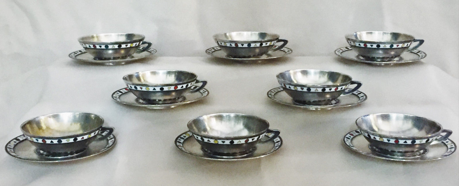 Mid-Century Modern Silver 916° & Enamel Set of 8 Coffee Cups & Saucers, 1960s