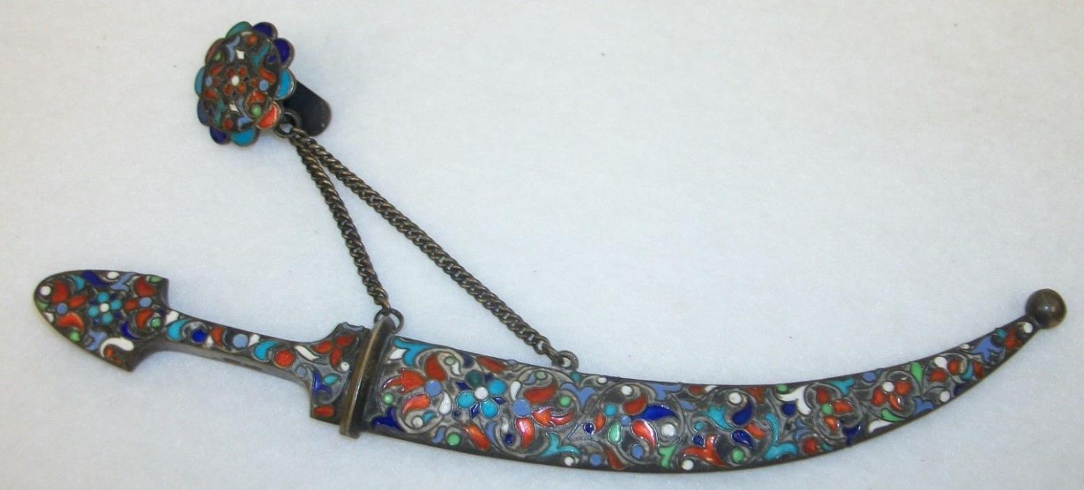 Antique 84 Russian Silver Enameled Cloisonne Kindjal Sword & Sheath w/ Belt Hook