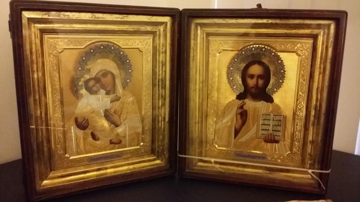 Set of 2 XIX century Russian Icons: Gospod Vsederzhitel, Presvjataja Bogoroditsa